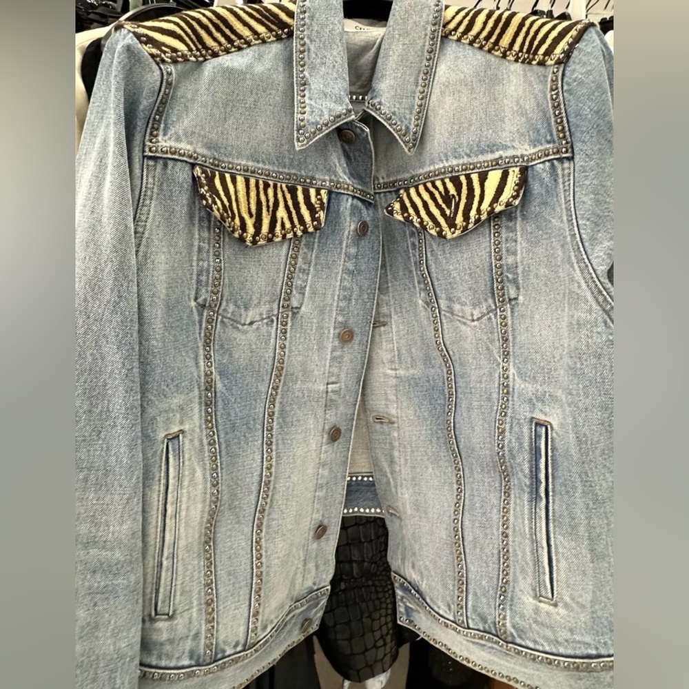 CELINE EverclearWash Jeans Jacket Blue&Zebra print w/ Metallic Accent,sizeM, NWT